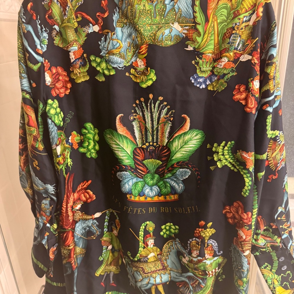 Hermes Black Printed Button Down Silk Blouse, Size 38, XL - Picture 2 of 5